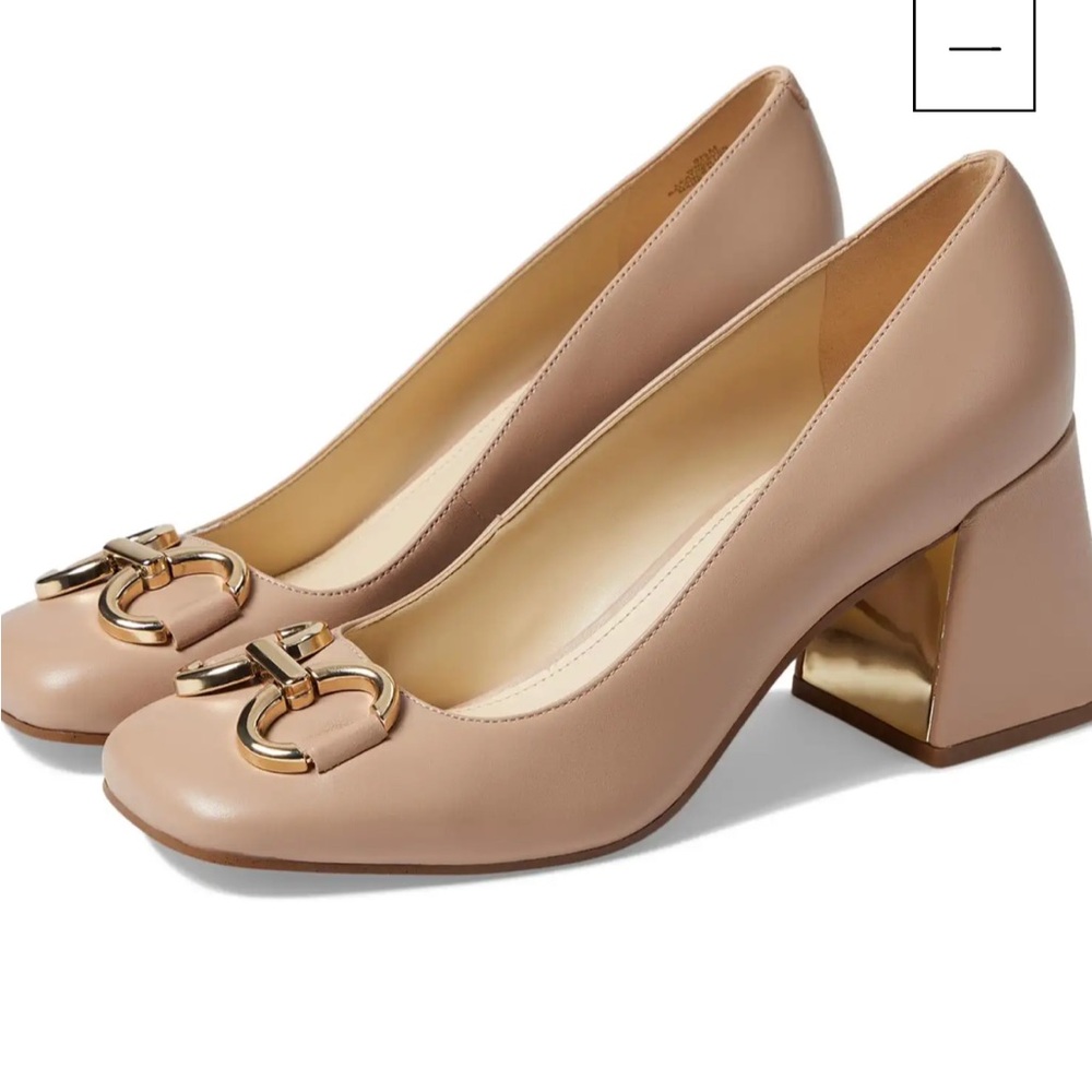 New Nine West Caven Taupe Block Heel Pump Gold Horsebit Detail Size 9